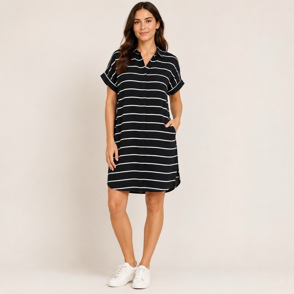 Madewell Women's Stripe Shirt Dress L Brown White Viscose Relaxed Button Front